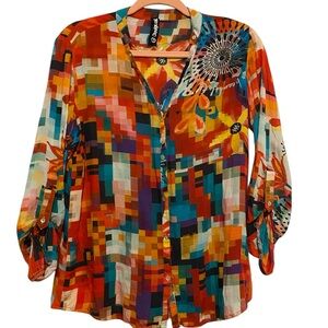 Nice! Desigual Women’s Camelia Blouse. Pixel Sz S Button Up Roll Sleeve